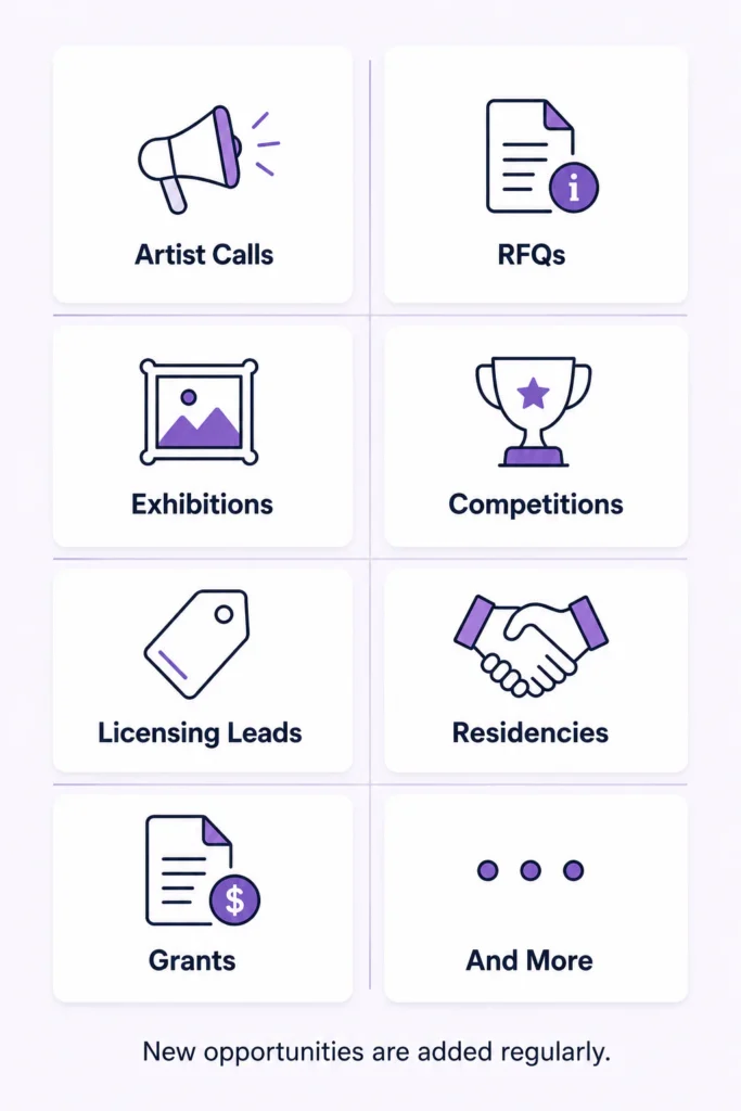 member opportunities including artist calls, RFQs, exhibitions, competitions, licensing leads, residencies, grants, and more