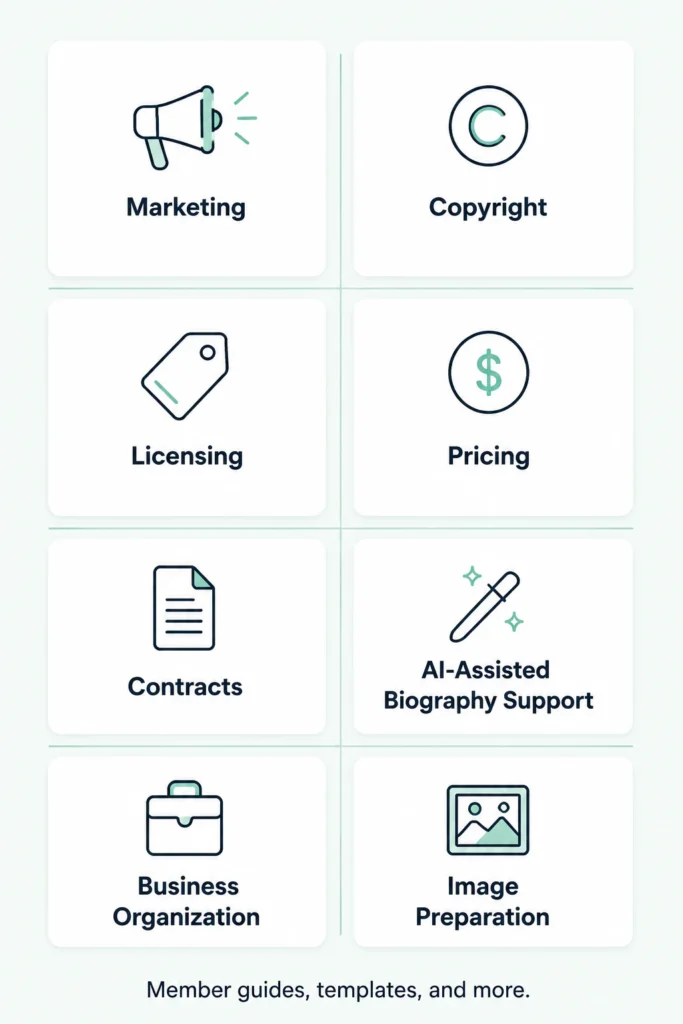 member resources including marketing, copyright, licensing, pricing, contracts, AI-assisted biography support, business organization, and image preparation